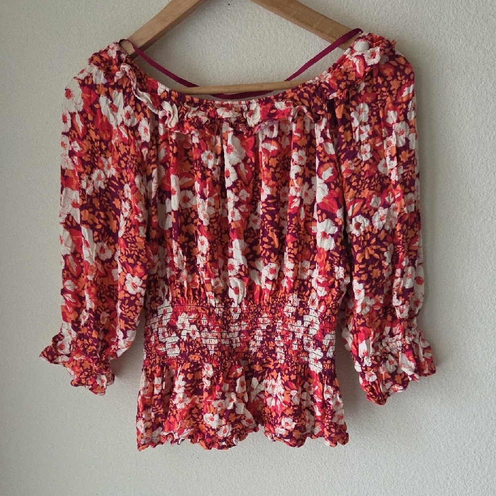 FREE PEOPLE Sweet Memories Pink Multi Floral Print Ruffled Blouse Sz M Boho - Picture 5 of 16